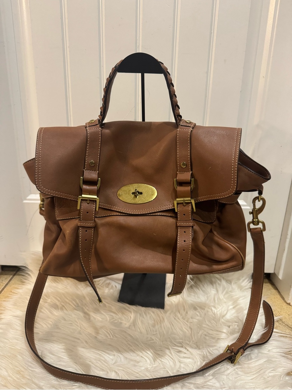 Mulberry Brown Leather Messenger Bag with Braided Handle